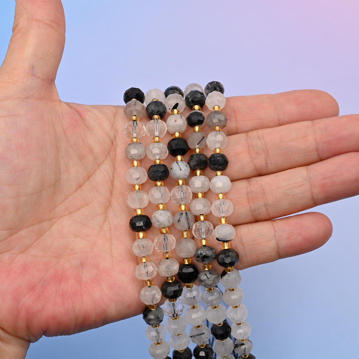 Natural Black Rutilated Quartz Faceted Rondelle Gemstone Beads