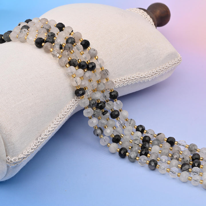 Natural Black Rutilated Quartz Faceted Rondelle Gemstone Beads