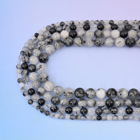 Natural Black Rutilated Quartz Round Gemstone Beads, 6mm, 8mm, 10mm, 12mm Round Bead, DIY Jewelry Making Beads, 15.5 Inches Per Strand - Mycrazycrystal