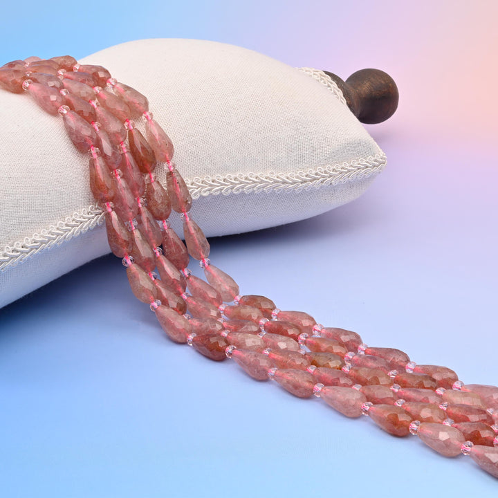Natural Pink Strawberry Quartz Faceted Teardrop Gemstone Beads, Size 16x8mm Faceted Beads, DIY Jewelry Making Beads, 15.5 Inches Per Strand
