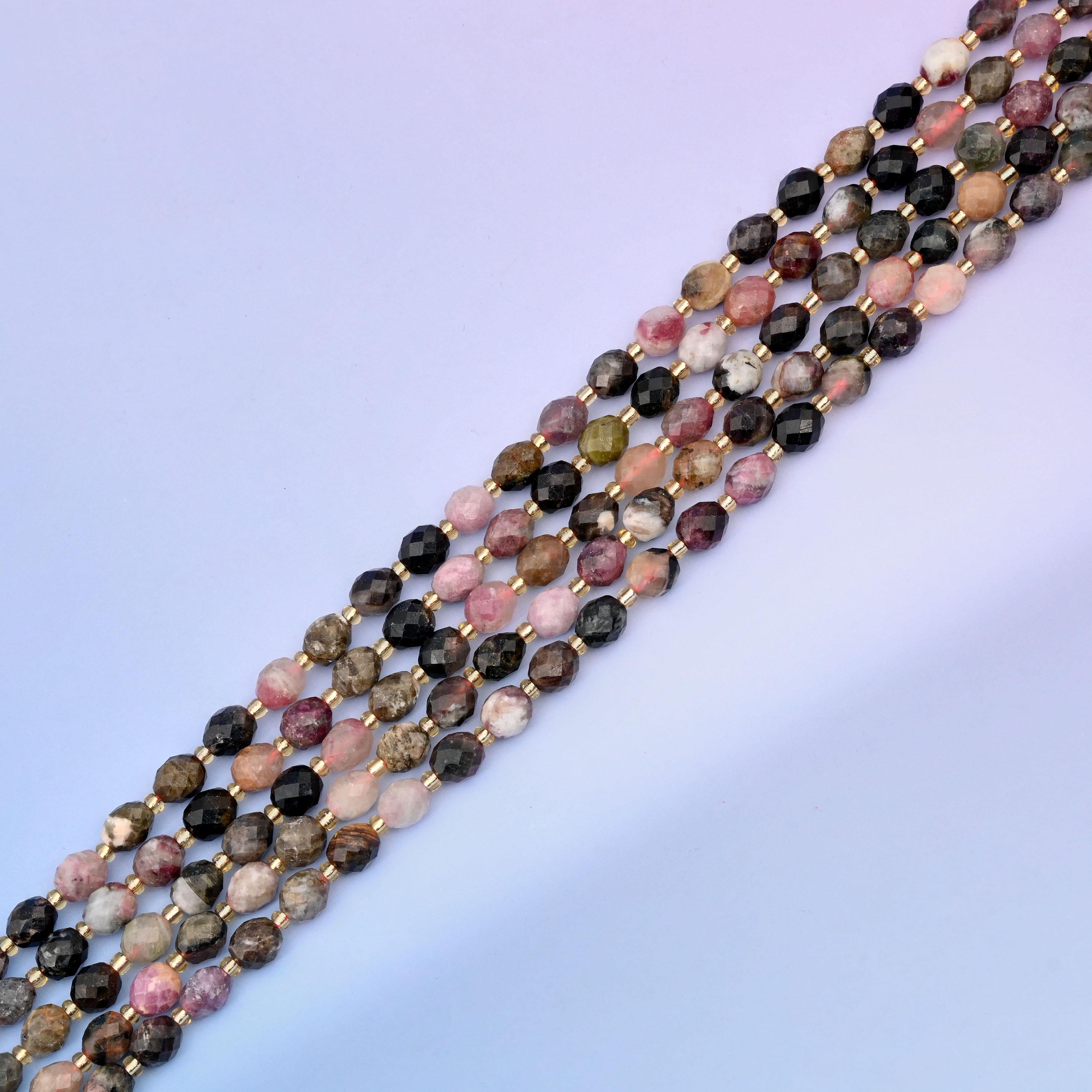 Natural Multi-Color Tourmaline Faceted Rice Gemstone Beads, Size 6x8mm Rice Beads, DIY Jewelry Making Beads, 15.5 Inches Per Strand