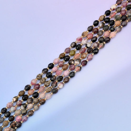 Natural Multi-Color Tourmaline Faceted Rice Gemstone Beads, Size 6x8mm Rice Beads, DIY Jewelry Making Beads, 15.5 Inches Per Strand