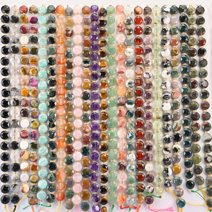 Natural Faceted Coin Gemstone Beads, Size 6, 8, 10mm Faceted Coin Bead, 28 Gemstones, DIY Jewelry Making Beads, 15.5 Inches Per Strand - S1 - Mycrazycrystal