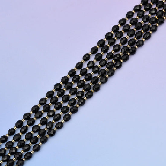 Natural Black Agate Faceted Rice Gemstone Beads, Size 6x8mm Rice Beads, DIY Jewelry Making Beads, 15.5 Inches Per Strand