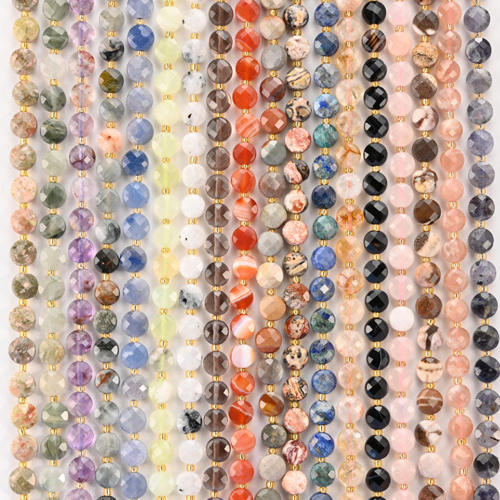 Natural Faceted Coin Gemstone Beads, Size 6, 8, 10mm Crystal Bead, 28 Gemstones, DIY Jewelry Making Beads, 15.5 Inches Per Strand - S2