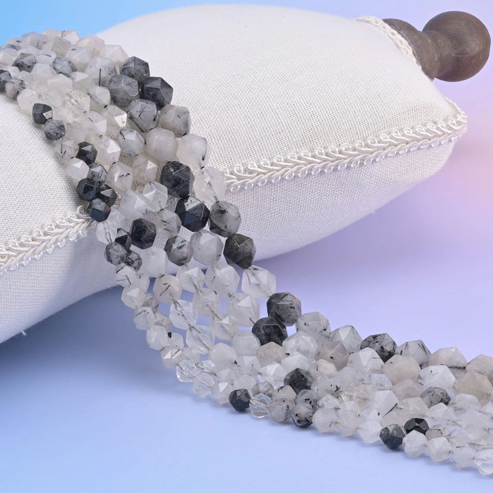 Natural Black Rutilated Quartz Diamond Star Cut Gemstone Beads, Size 6mm, 8mm, 10mm - Mycrazycrystal