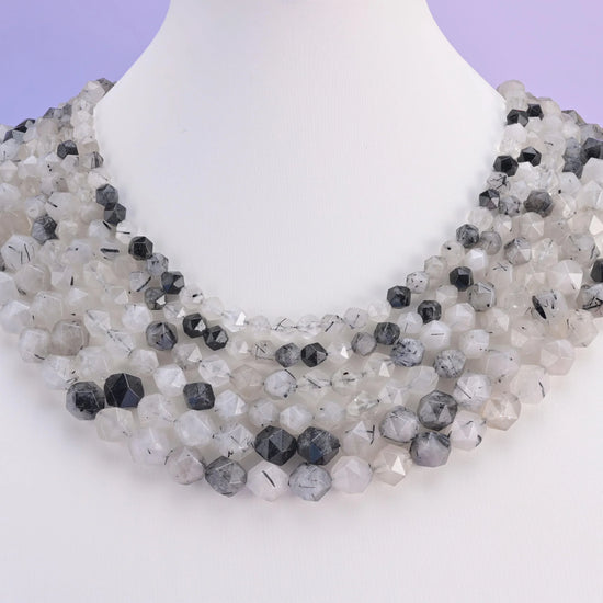 Natural Black Rutilated Quartz Diamond Star Cut Gemstone Beads, Size 6mm, 8mm, 10mm - Mycrazycrystal