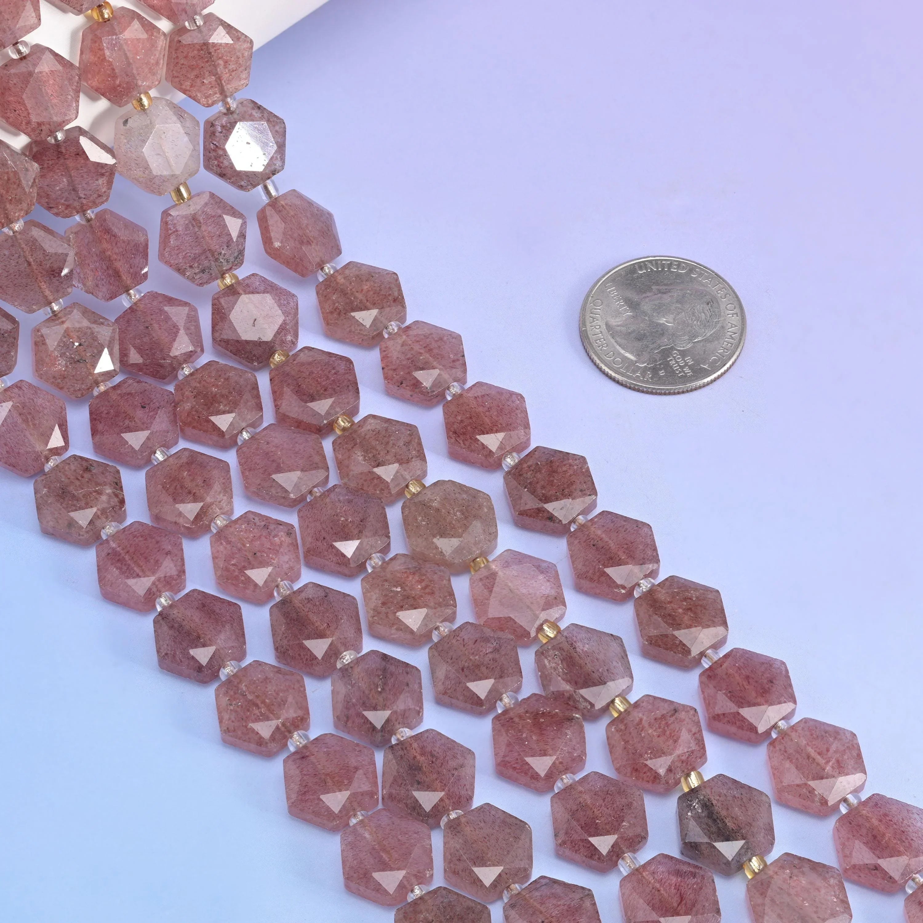 Natural Strawberry Quartz Flat Hexagon Faceted Gemstone Beads, Size 12mm - Mycrazycrystal