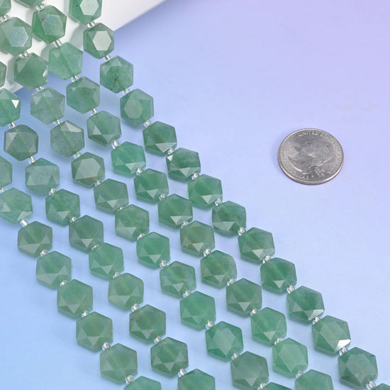 Natural Green Aventurine Flat Hexagon Faceted Gemstone Beads, Size 12mm - Mycrazycrystal