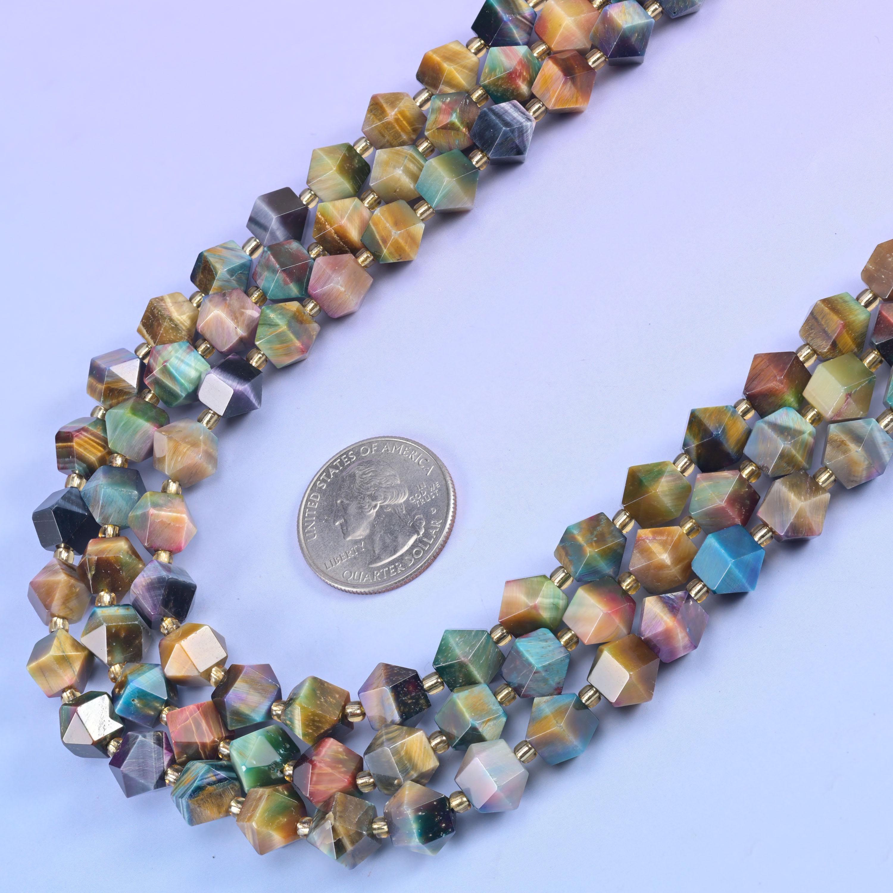 Colorful Galaxy Tiger Eye Faceted Diamond Rhombus Beads - Size 10mm - Jewelry Making Beads - 15.5 Inches Per Strand - Mycrazycrystal