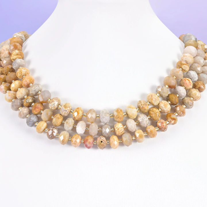 Fossil Coral Faceted Rondelle Beads Size 6x10mm Jewelry Making 15.5 Inch Strand