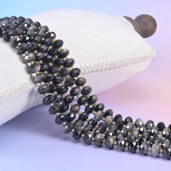 Silver Obsidian Faceted Rondelle Beads Size 6x10mm Jewelry Making 15.5 Inch Strand
