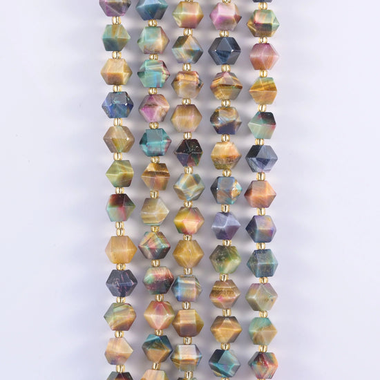 Colorful Galaxy Tiger Eye Faceted Diamond Rhombus Beads - Size 10mm - Jewelry Making Beads - 15.5 Inches Per Strand - Mycrazycrystal