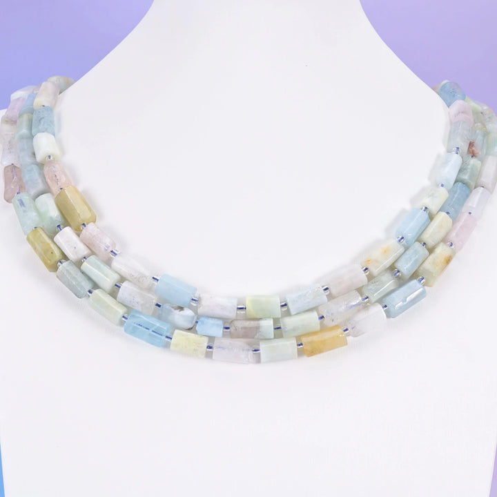 Blue Pink Morganite Faceted Tube Beads Size 12x8mm Jewelry Making 15.5 Inch Strand