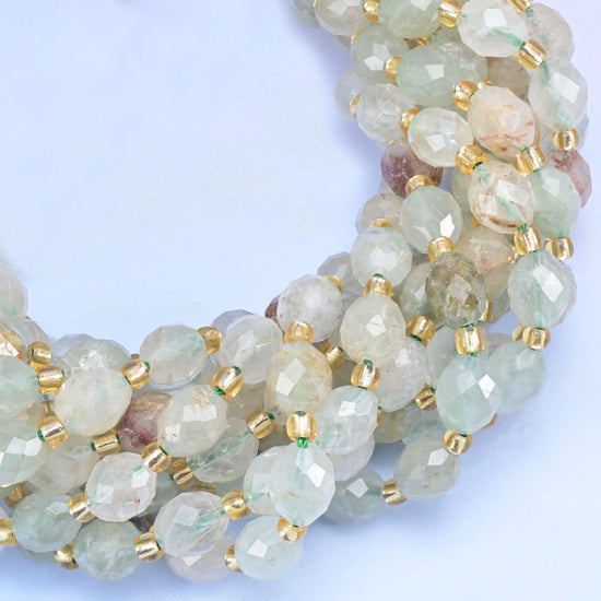 Green Rutilated Quartz Faceted Rice Barrel Beads Size 6x8mm Jewelry Making 15.5 Inch Strand