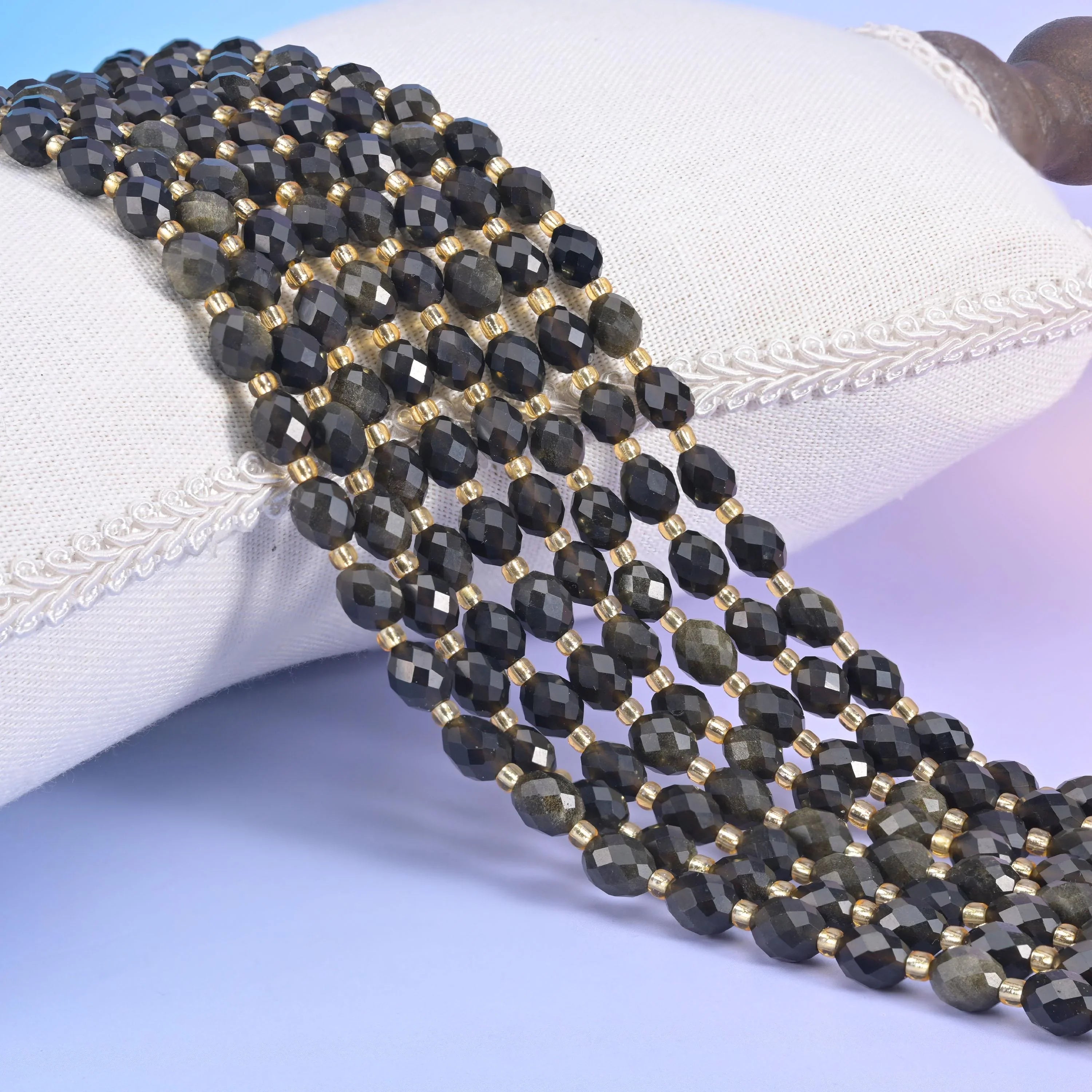 Gold Obsidian Faceted Rice Barrel Beads Size 6x8mm Jewelry Making 15.5 Inch Strand