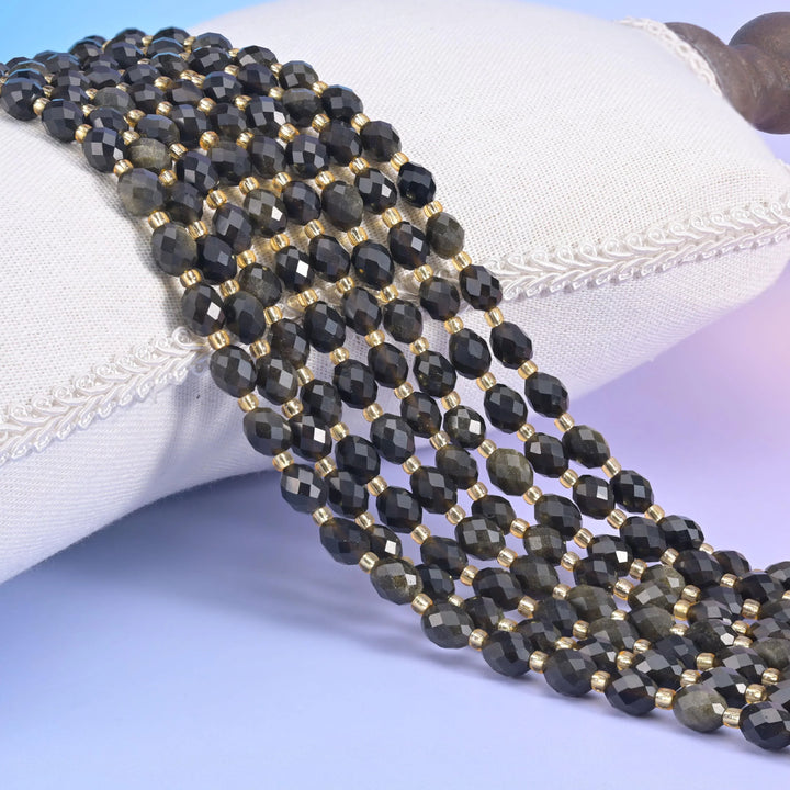 Gold Obsidian Faceted Rice Barrel Beads Size 6x8mm Jewelry Making 15.5 Inch Strand