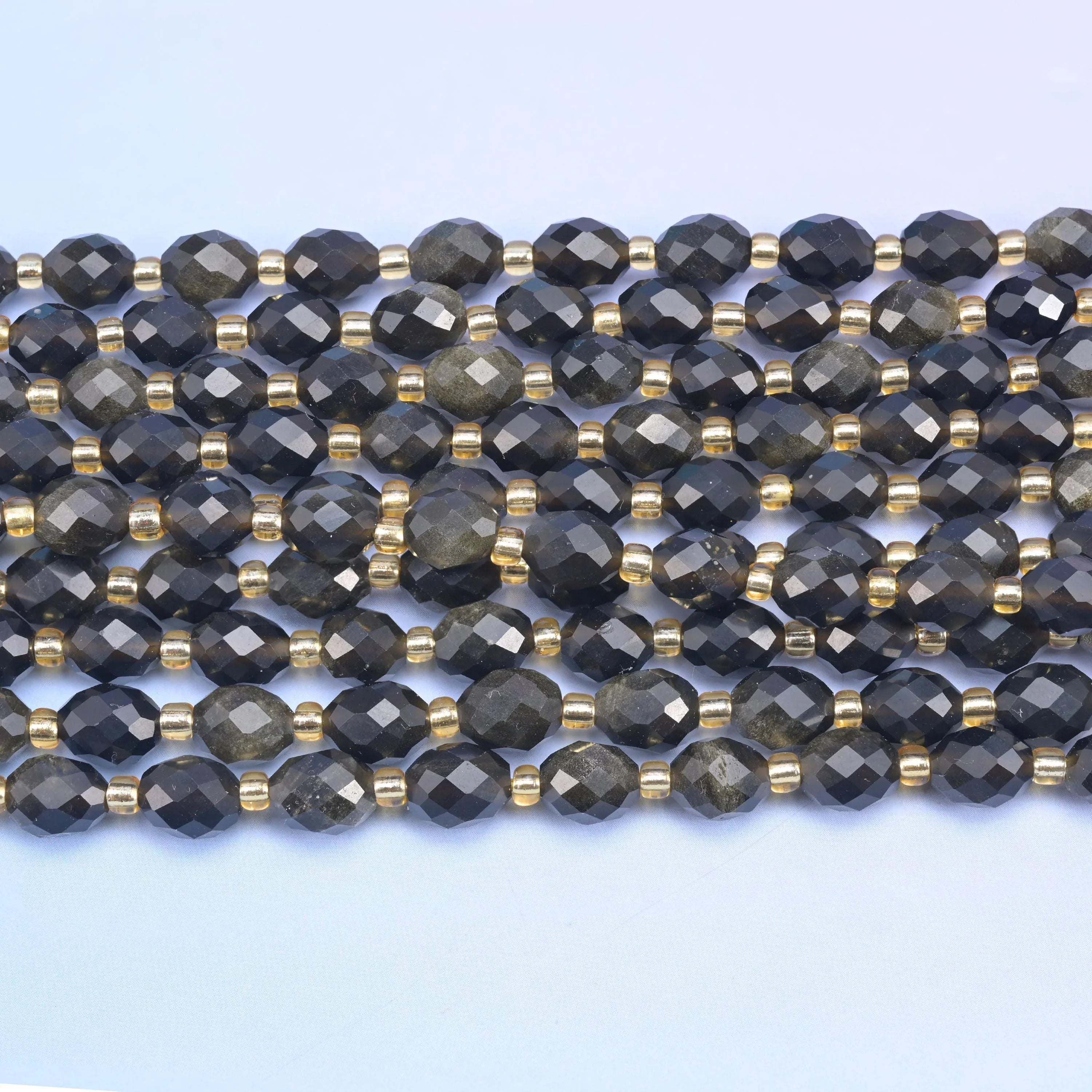 Gold Obsidian Faceted Rice Barrel Beads Size 6x8mm Jewelry Making 15.5 Inch Strand