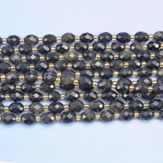 Gold Obsidian Faceted Rice Barrel Beads Size 6x8mm Jewelry Making 15.5 Inch Strand
