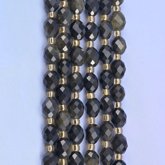 Gold Obsidian Faceted Rice Barrel Beads Size 6x8mm Jewelry Making 15.5 Inch Strand