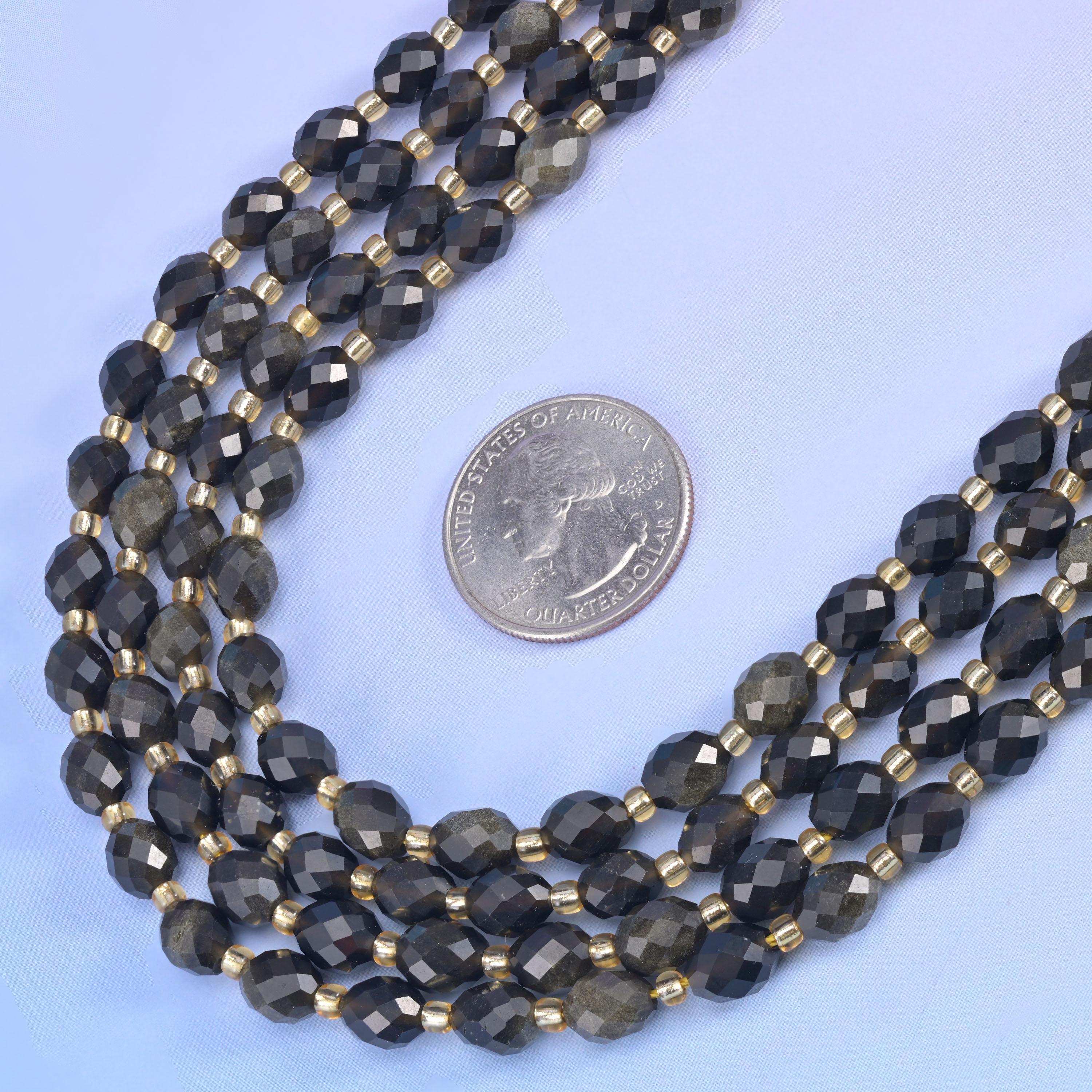 Gold Obsidian Faceted Rice Barrel Beads Size 6x8mm Jewelry Making 15.5 Inch Strand