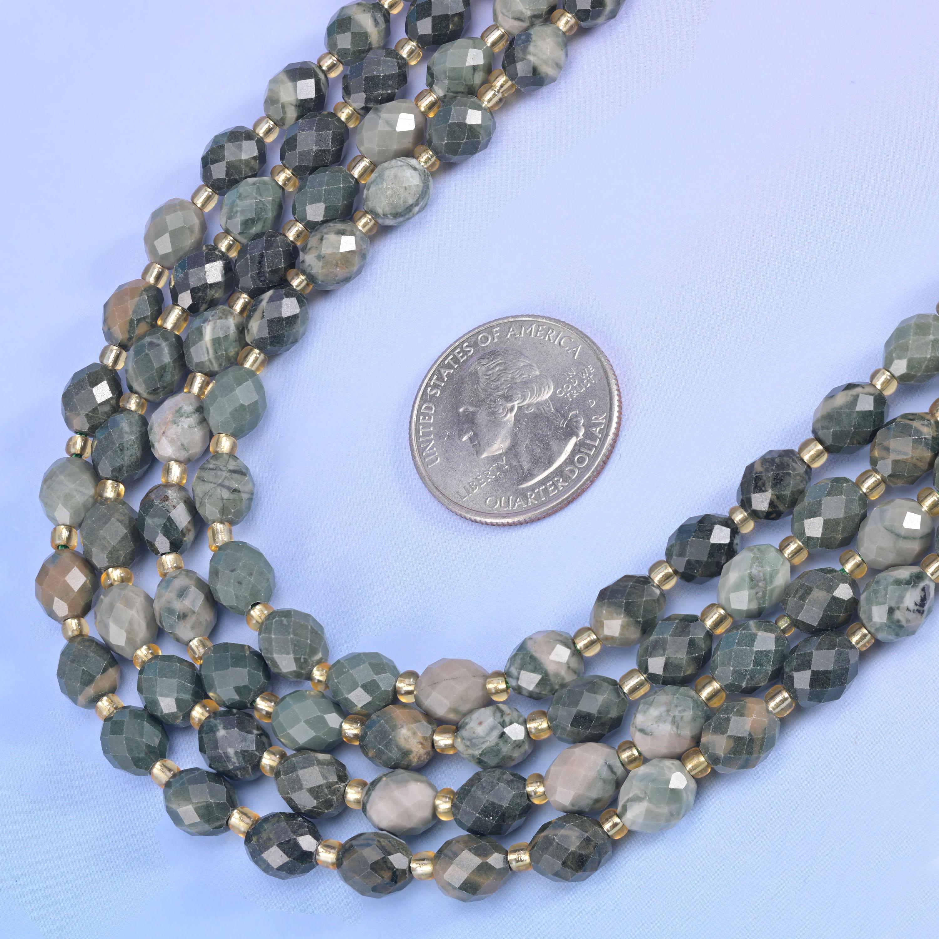 Green Rhodonite Faceted Rice Barrel Beads Size 6x8mm Jewelry Making 15.5 Inch Strand