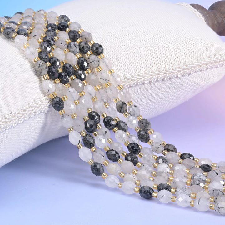 Black Rutilated Quartz Rice Barrel Beads Size 6x8mm Jewelry Making 15.5 Inch Strand
