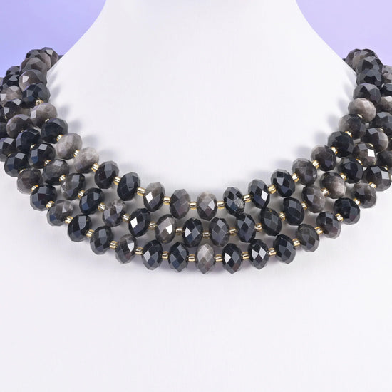 Silver Obsidian Faceted Rondelle Beads Size 6x10mm Jewelry Making 15.5 Inch Strand