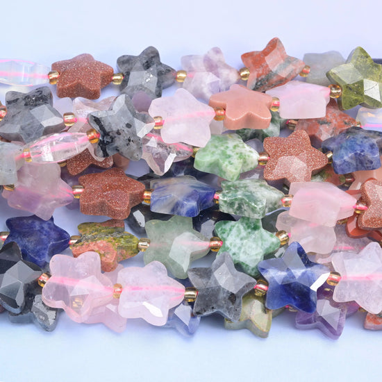 Colorful Assorted Gemstone Faceted Star Beads Size 14mm Jewelry Making 15.5 Inch Strand