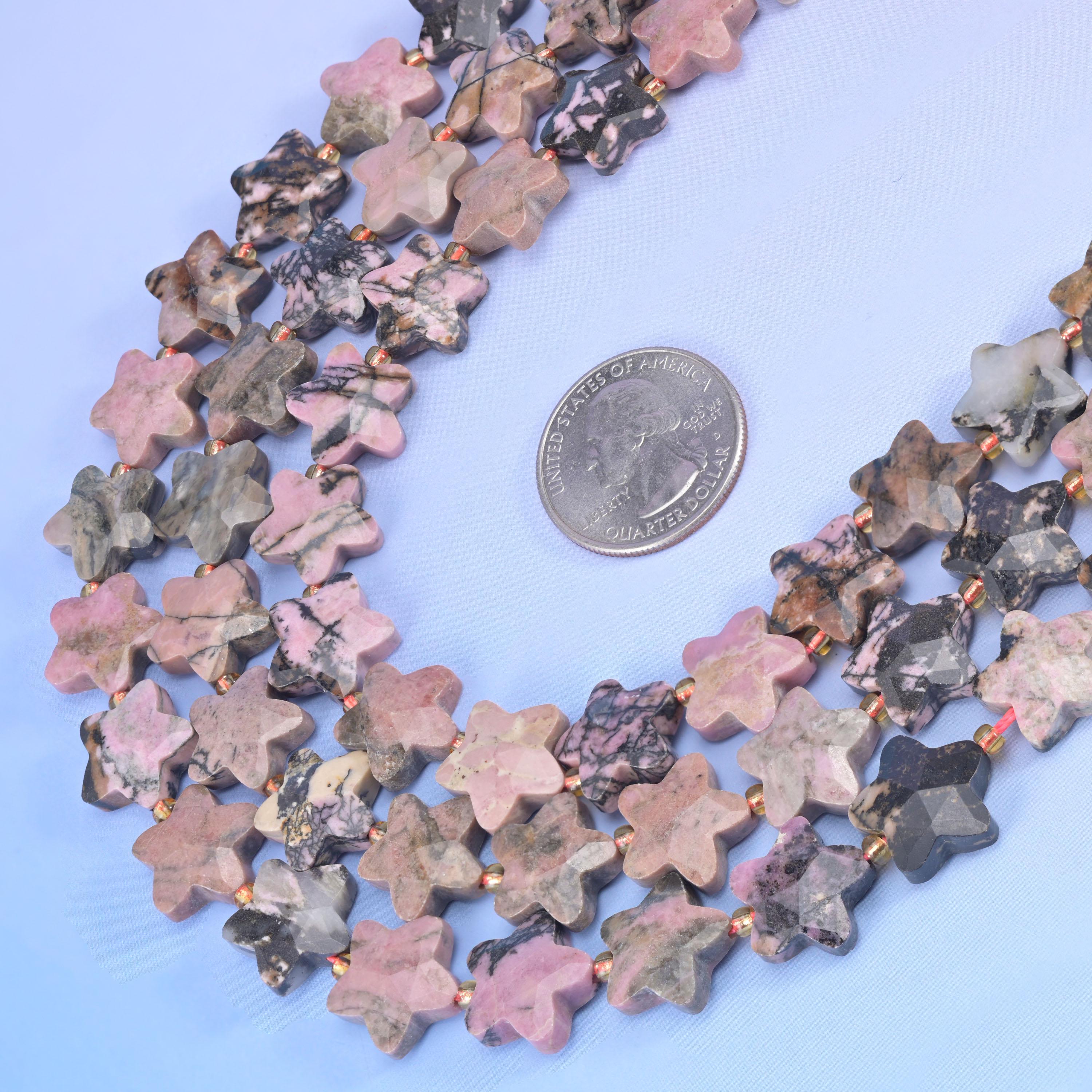 Rhodonite Faceted Star Beads Size 14mm Jewelry Making 15.5 Inch Strand