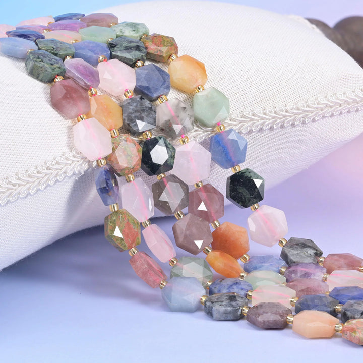 Colorful Assorted Gemstone Flat Faceted Hexagon Beads Size 12mm Jewelry Making 15.5 Inch Strand