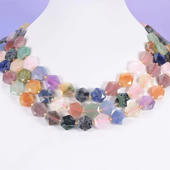 Colorful Assorted Gemstone Flat Faceted Hexagon Beads Size 12mm Jewelry Making 15.5 Inch Strand