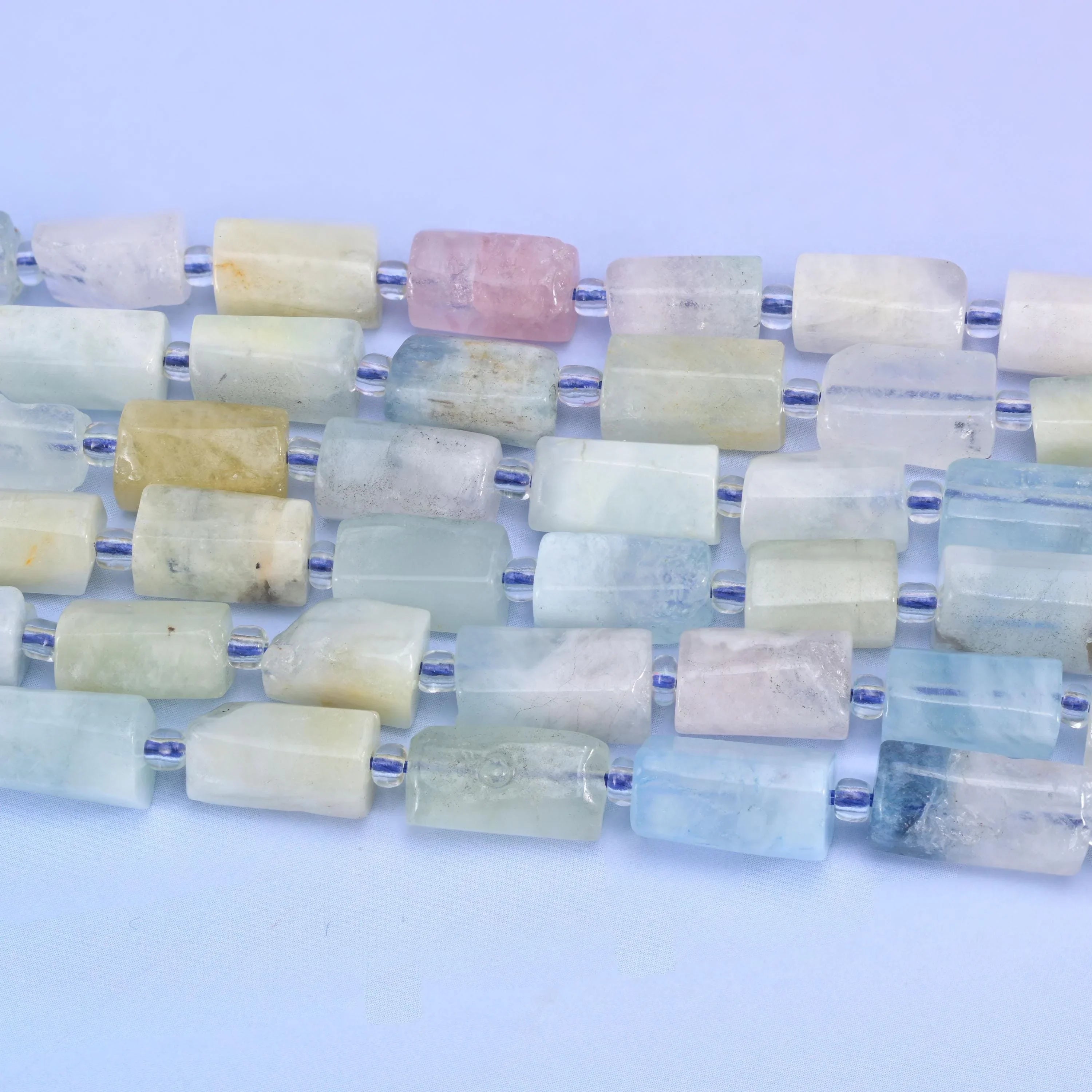 Blue Pink Morganite Faceted Tube Beads Size 12x8mm Jewelry Making 15.5 Inch Strand