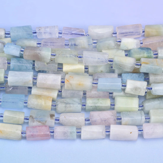 Blue Pink Morganite Faceted Tube Beads Size 12x8mm Jewelry Making 15.5 Inch Strand