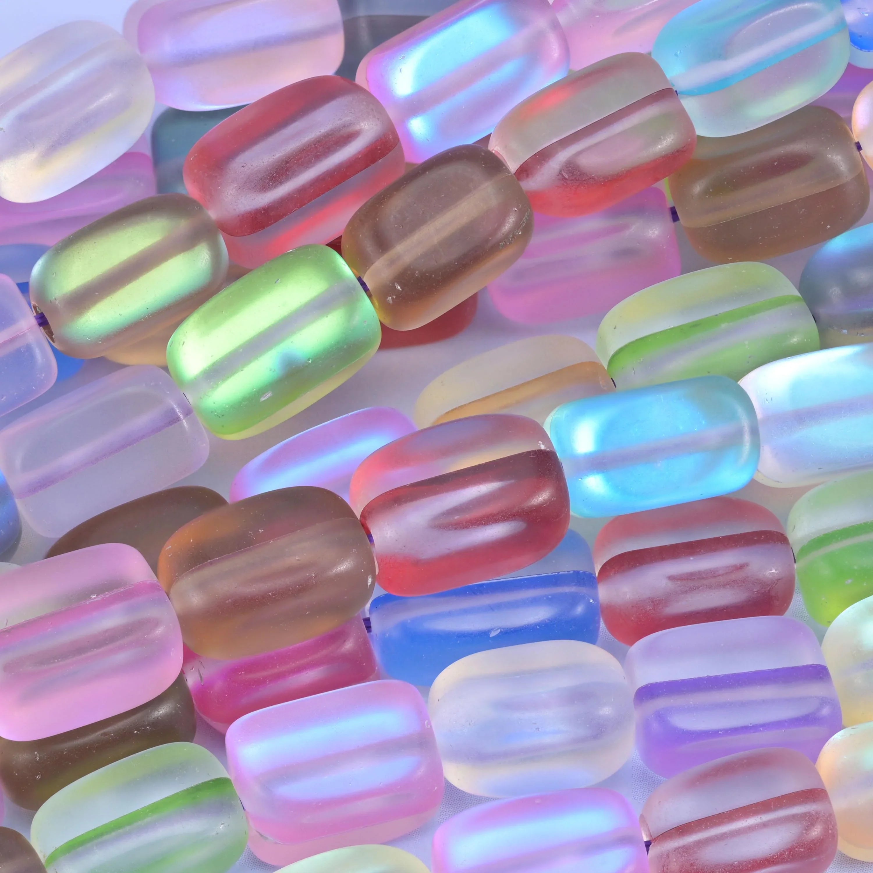 Matte Frosty Rainbow Rectangle Glass Bead Size 10-12mm 15 Inch Strand