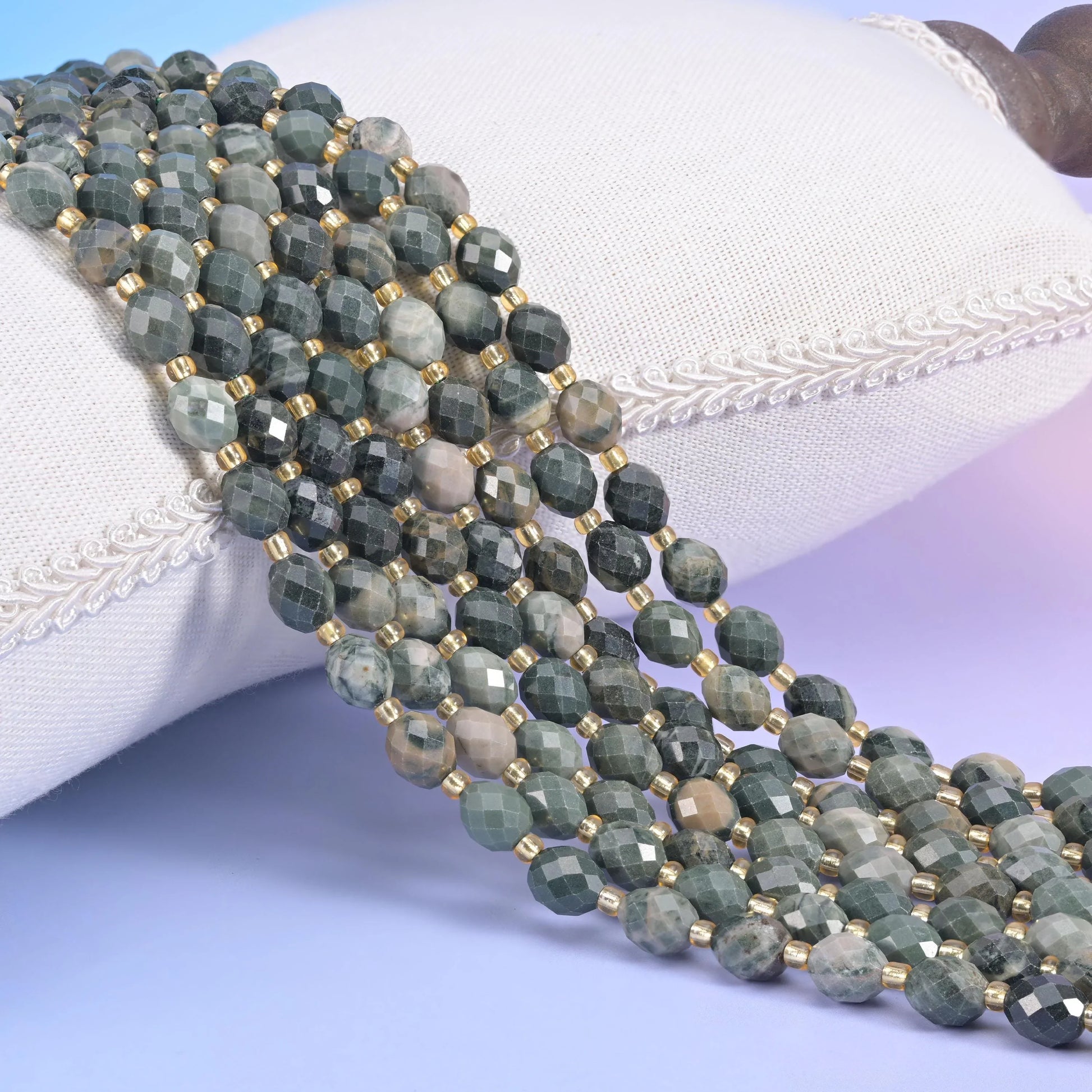 Green Rhodonite Faceted Rice Barrel Beads Size 6x8mm Jewelry Making 15.5 Inch Strand