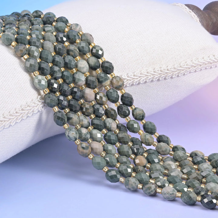 Green Rhodonite Faceted Rice Barrel Beads Size 6x8mm Jewelry Making 15.5 Inch Strand