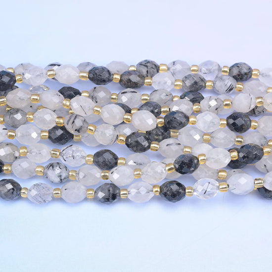 Black Rutilated Quartz Rice Barrel Beads Size 6x8mm Jewelry Making 15.5 Inch Strand