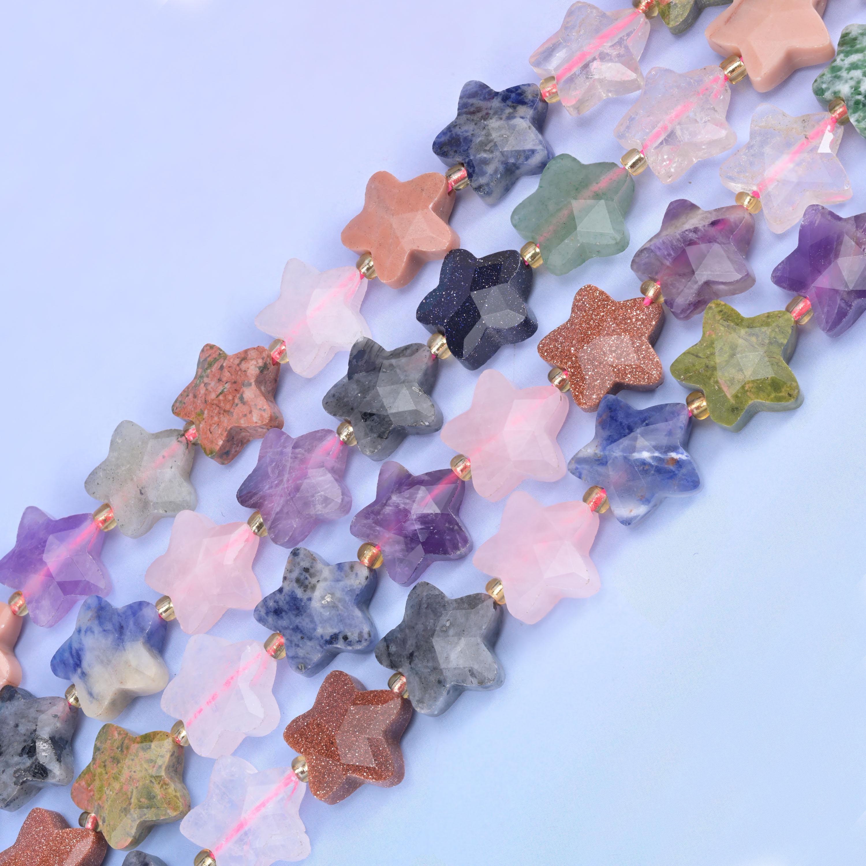 Colorful Assorted Gemstone Faceted Star Beads Size 14mm Jewelry Making 15.5 Inch Strand