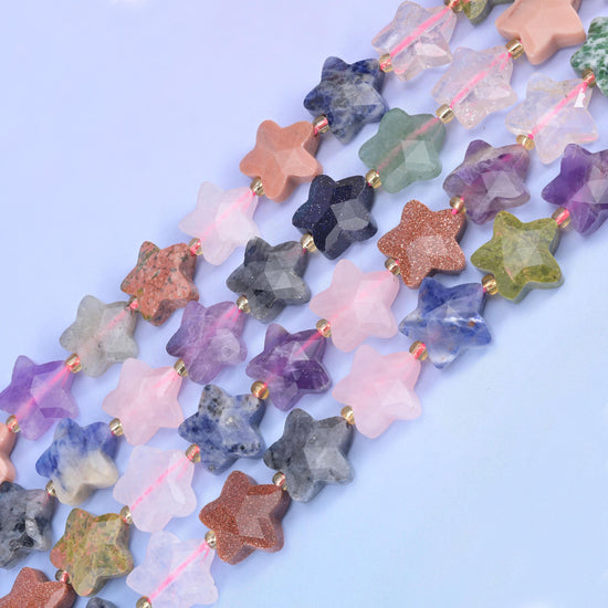 Colorful Assorted Gemstone Faceted Star Beads Size 14mm Jewelry Making 15.5 Inch Strand