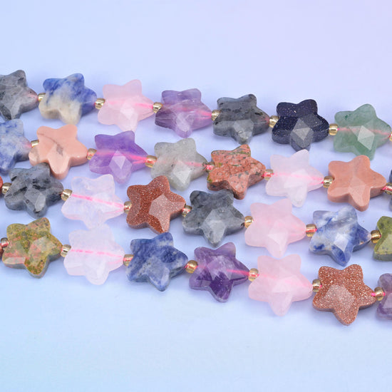 Colorful Assorted Gemstone Faceted Star Beads Size 14mm Jewelry Making 15.5 Inch Strand