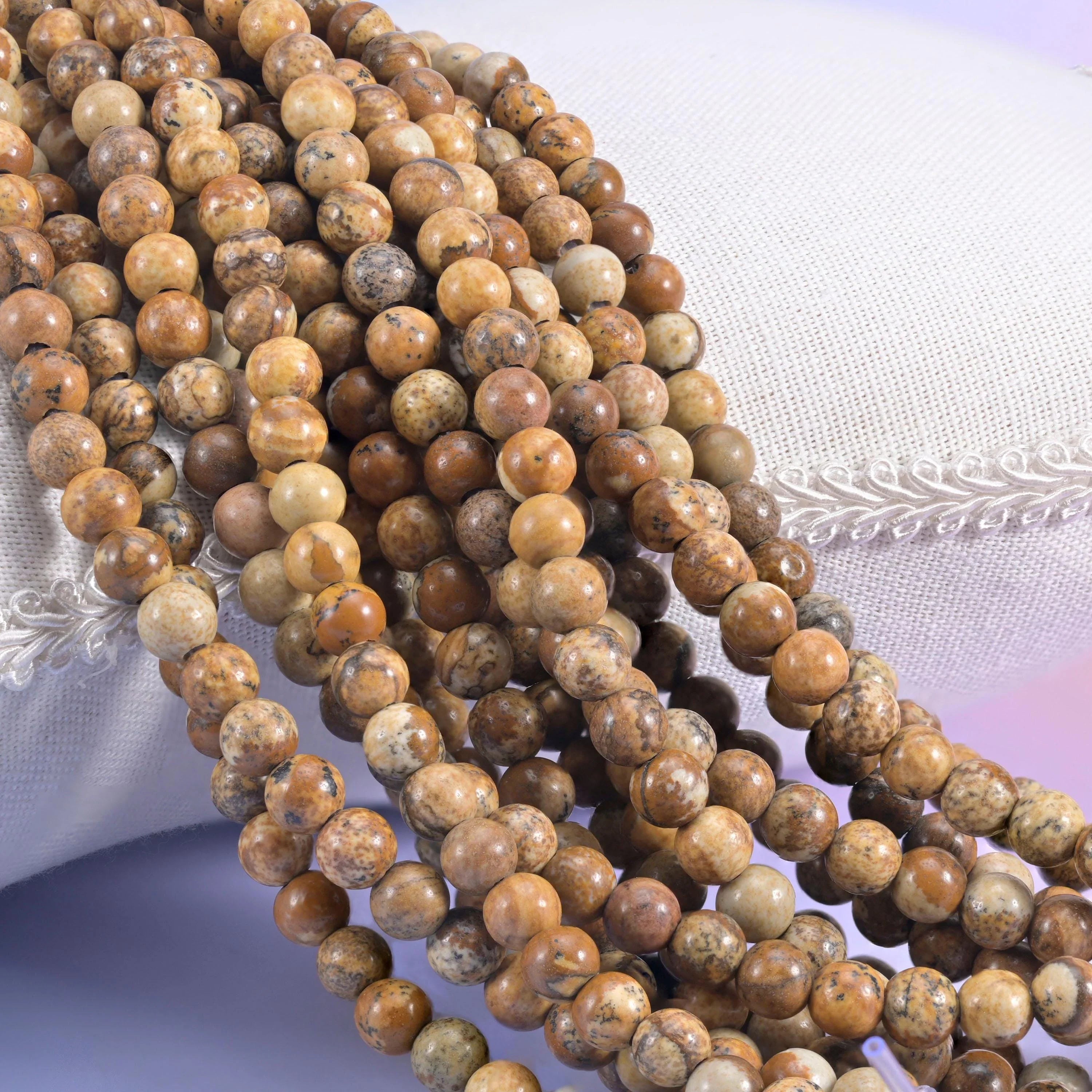 2-2.5mm Hole Picture Jasper Smooth Round Beads 6mm 8mm 10mm Jewelry Making 8 Inch Strand