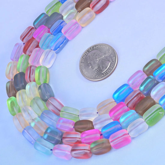 Matte Frosty Rainbow Rectangle Glass Bead Size 10-12mm 15 Inch Strand