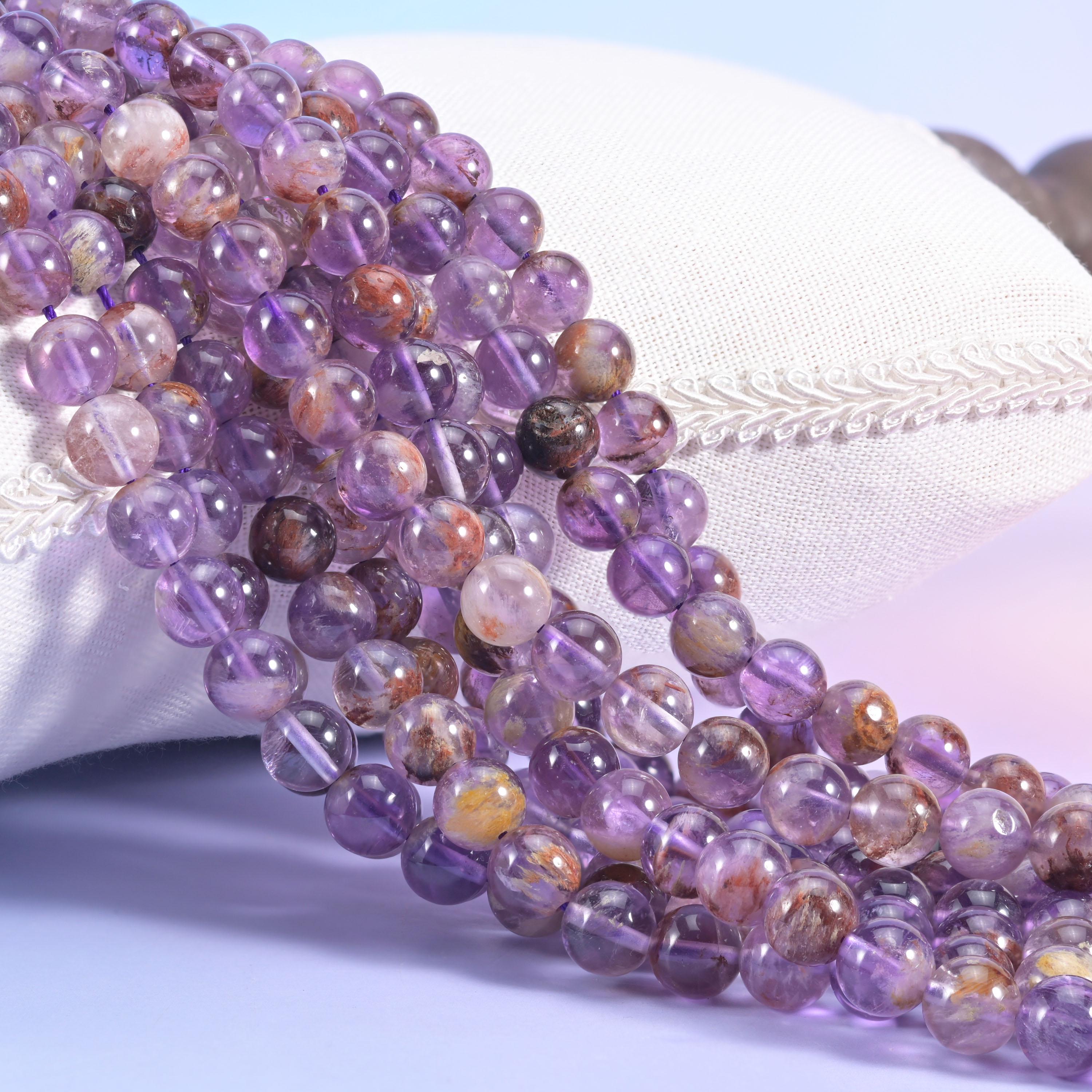 Super 7 Purple Phantom Smooth Round Beads 6mm 8mm 10mm 12mm Jewelry Making 15.5 Inch Strand