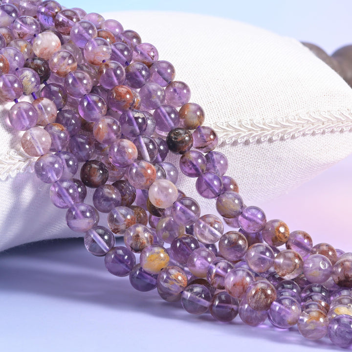 Super 7 Purple Phantom Smooth Round Beads 6mm 8mm 10mm 12mm Jewelry Making 15.5 Inch Strand