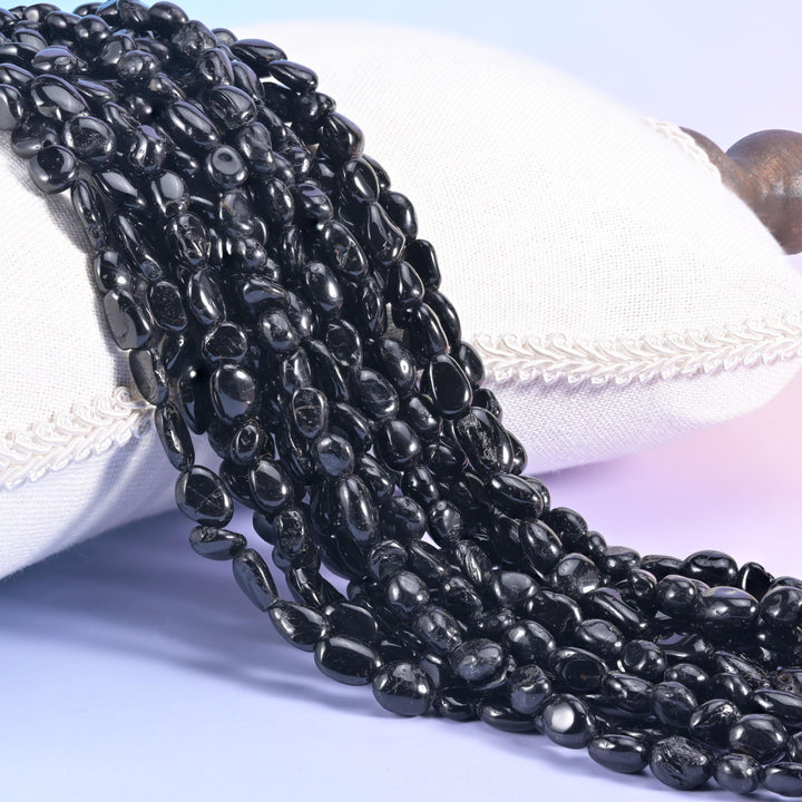 Black Tourmaline Pebble Nugget Beads 6-8mm Jewelry Making 15.5" Strand