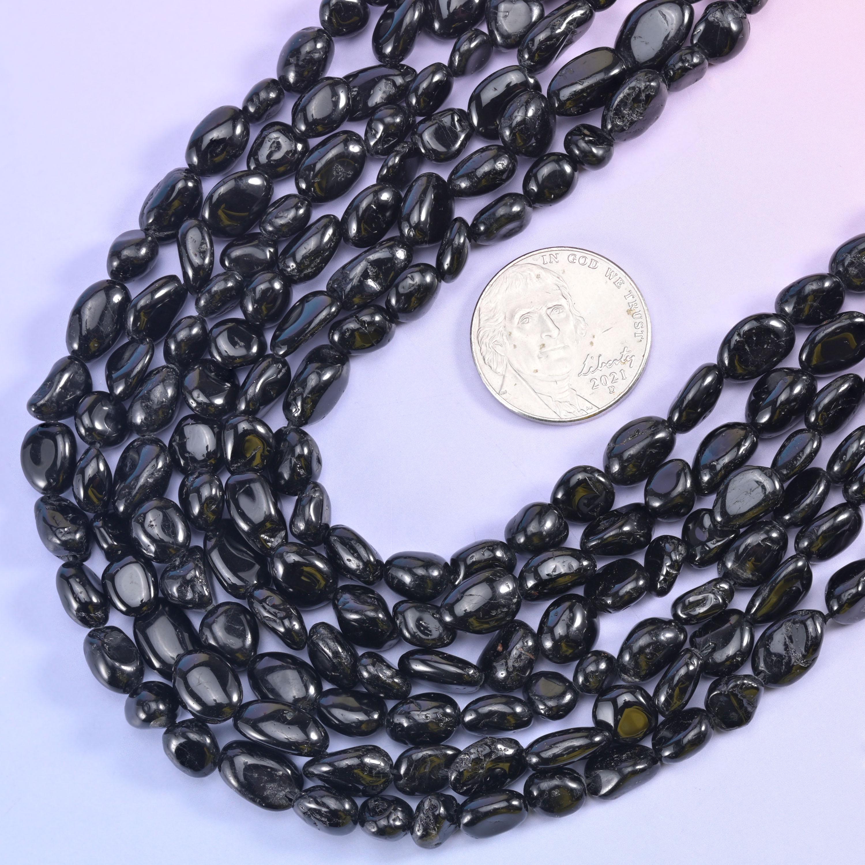 Black Tourmaline Pebble Nugget Beads 6-8mm Jewelry Making 15.5" Strand