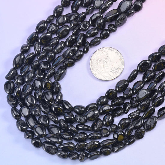 Black Tourmaline Pebble Nugget Beads 6-8mm Jewelry Making 15.5" Strand