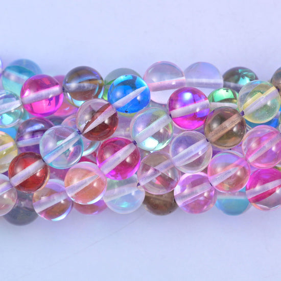 Rainbow Aura Round Glass Beads: Iridescent Jewelry Making Supply, 15 Inch Strand