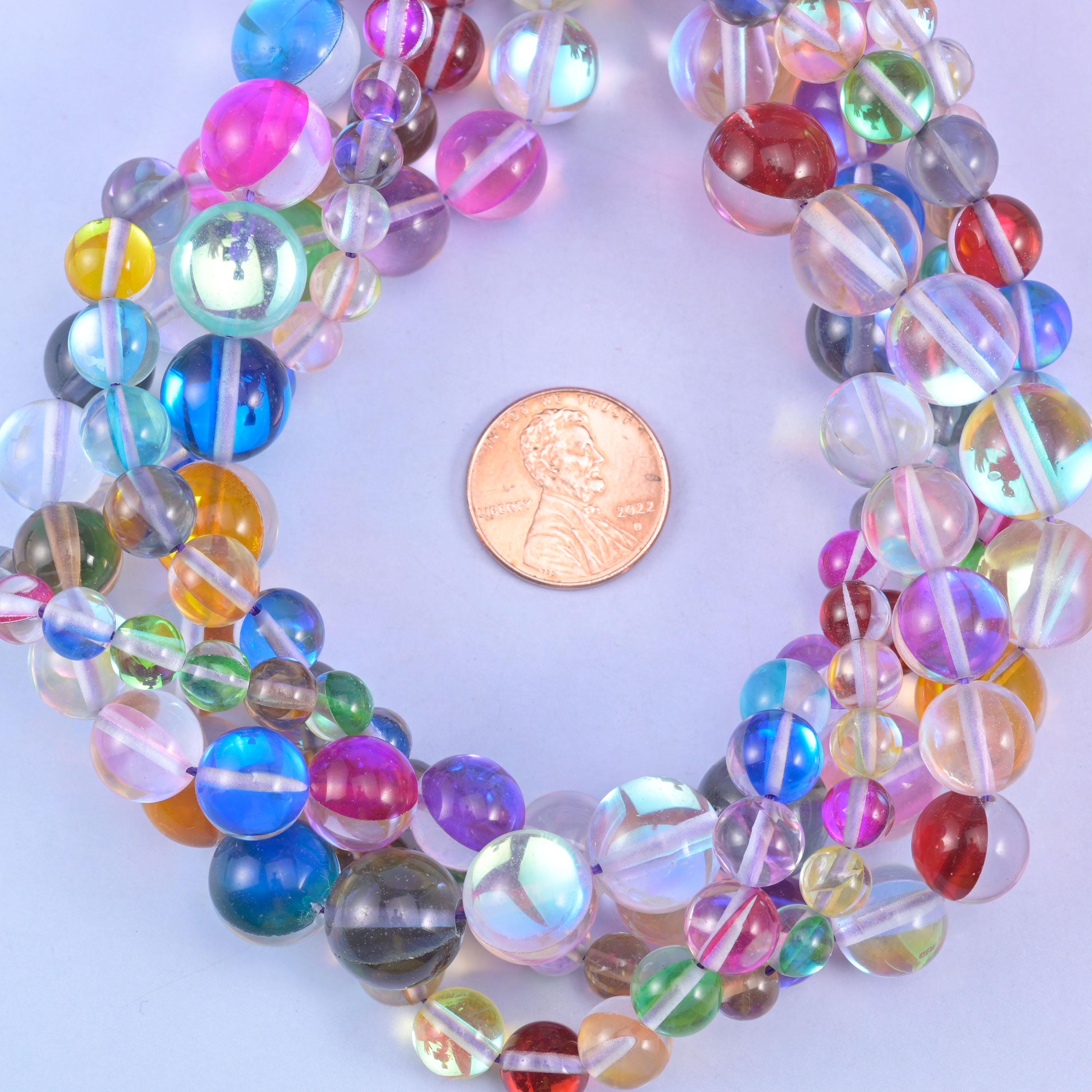 Rainbow Aura Round Glass Beads: Iridescent Jewelry Making Supply, 15 Inch Strand